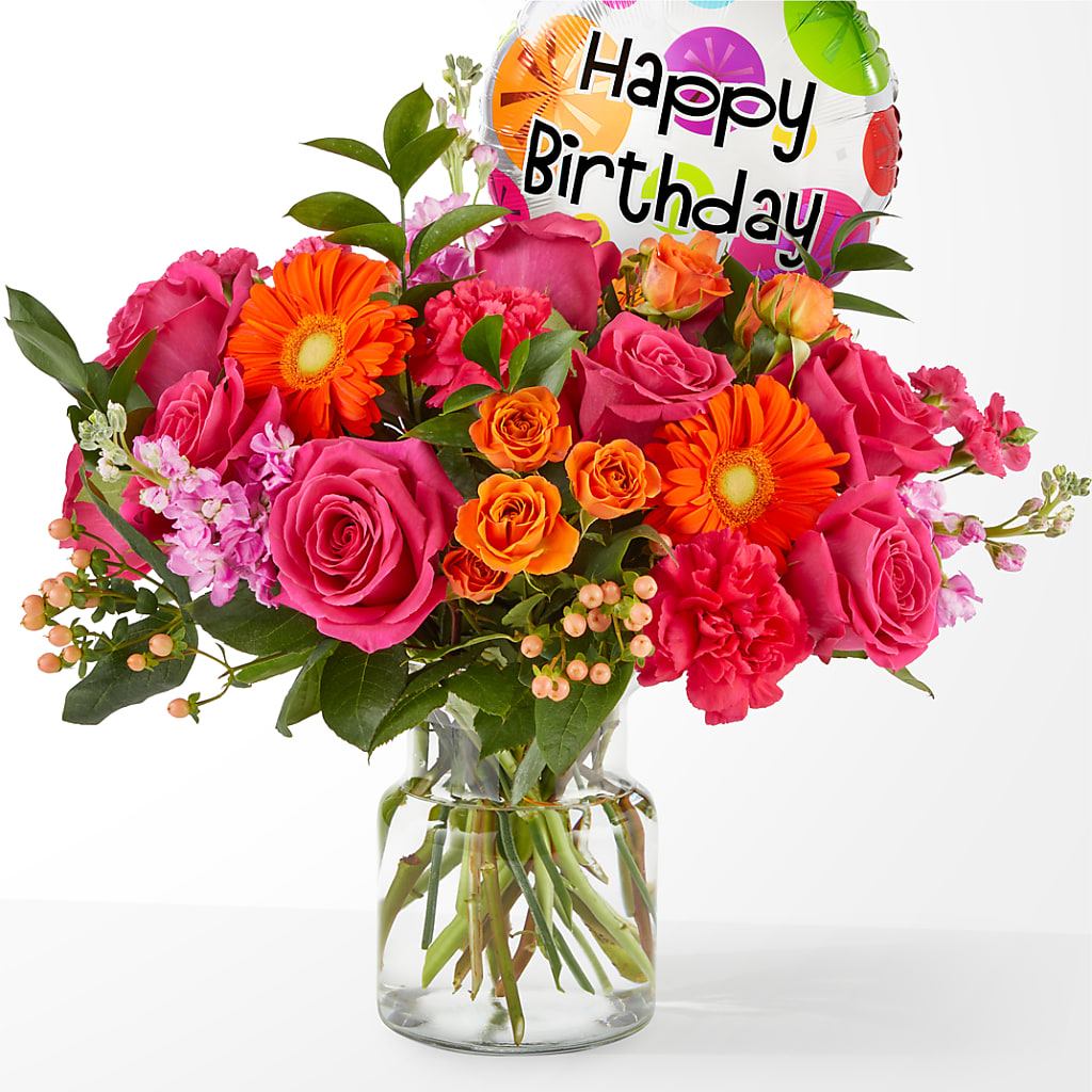 Fiesta Bouquet with Birthday Balloon – Village Bloom Florist, Folsom LA