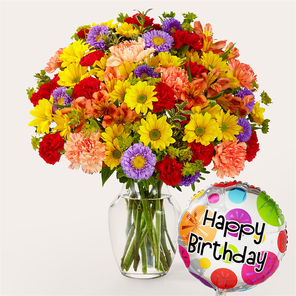Kaleidoscope Bouquet with Birthday Balloon – Village Bloom Florist, Folsom LA