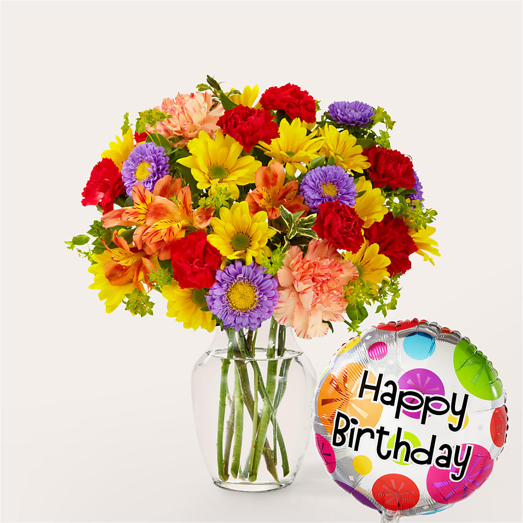Kaleidoscope Bouquet with Birthday Balloon – Village Bloom Florist, Folsom LA