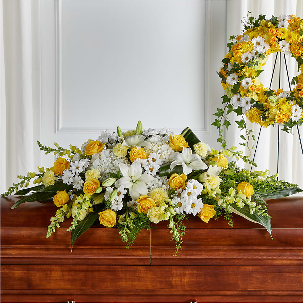 Golden Harmony Casket Spray – Village Bloom Florist, Folsom LA