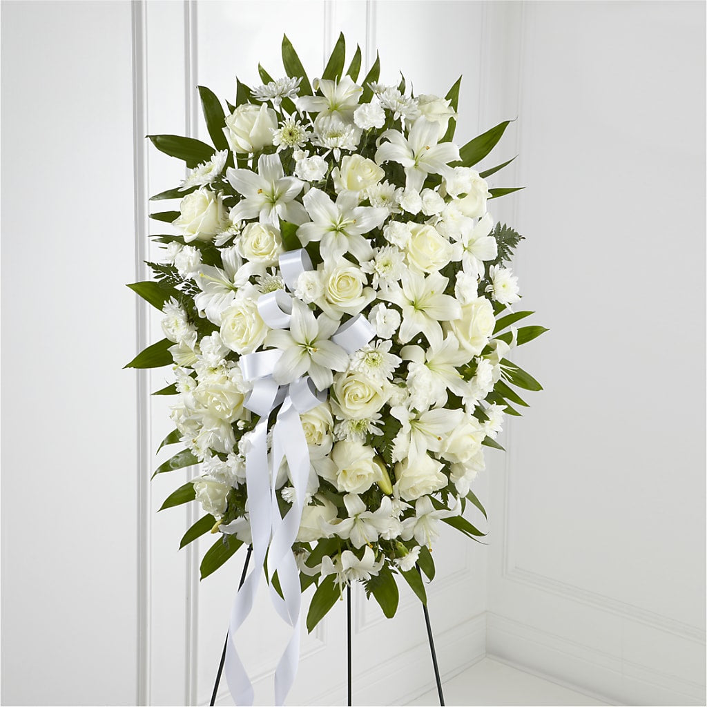 Exquisite Tribute Standing Spray-White Ribbon – Village Bloom Florist, Folsom LA