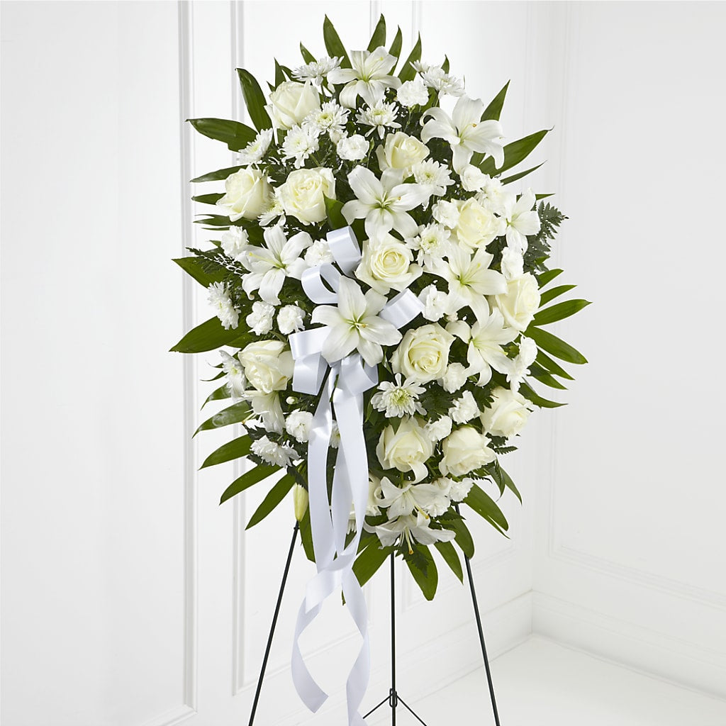Exquisite Tribute Standing Spray-White Ribbon – Village Bloom Florist, Folsom LA