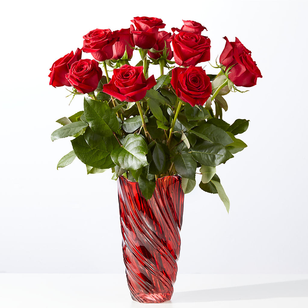Classic Love Red Rose Bouquet with Luxe Swirl Vase – Village Bloom Florist, Folsom LA