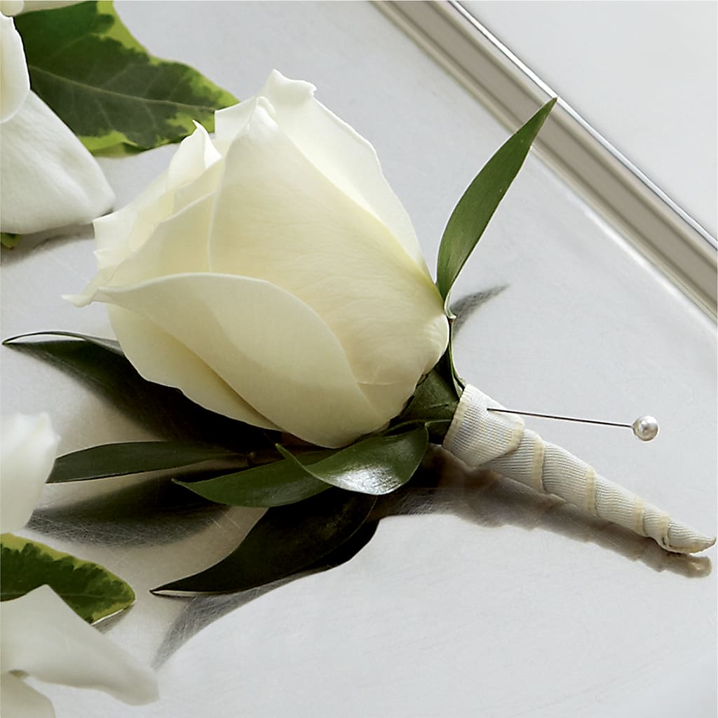 White Rose Boutonniere – Village Bloom Florist, Folsom LA